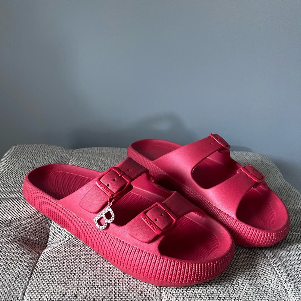 Bebe Pink Slide Sandals with B Charm